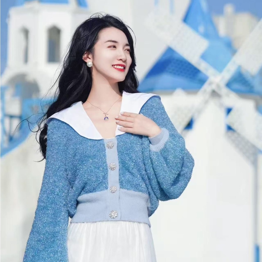 [NWT] Ganni Blue Cardigan with White Collar